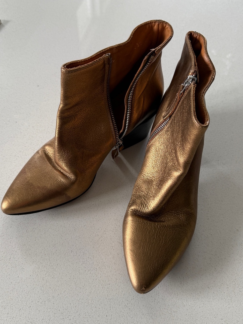 Metallic Bronze Pointed Toe Ankle Booties with Side Zip